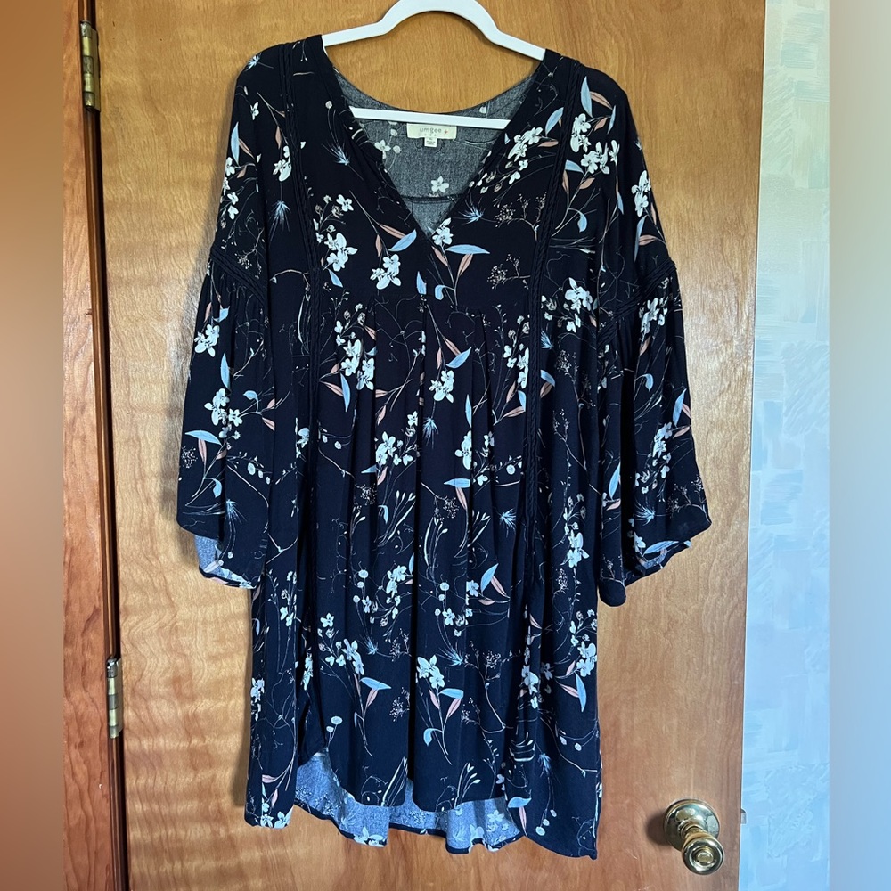 Umgee 3/4 Bell Sleeve Navy Blue Dress